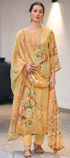 Yellow color Salwar Kameez in Georgette fabric with Digital Print, Embroidered, Floral work