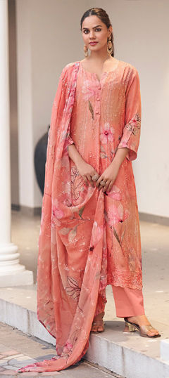 Pink and Majenta color Salwar Kameez in Georgette fabric with Digital Print, Embroidered, Floral work