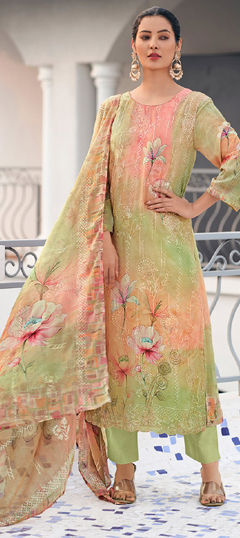Green color Salwar Kameez in Georgette fabric with Digital Print, Embroidered, Floral work