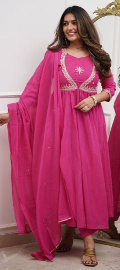 Pink and Majenta color Salwar Kameez in Muslin fabric with Embroidered, Thread work