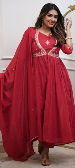Red and Maroon color Salwar Kameez in Muslin fabric with Embroidered, Thread work