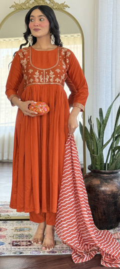 Orange color Salwar Kameez in Viscose fabric with Embroidered, Printed, Thread work
