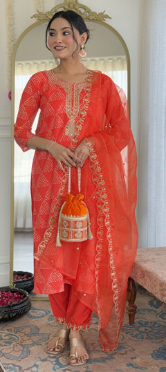 Orange color Salwar Kameez in Crepe Silk fabric with Embroidered, Printed, Thread work