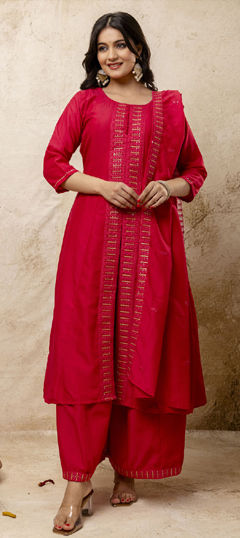 Pink and Majenta color Salwar Kameez in Blended fabric with Embroidered, Thread work