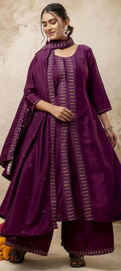 Purple and Violet color Salwar Kameez in Blended fabric with Embroidered, Thread work
