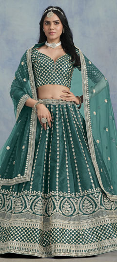 Green color Lehenga in Art Silk fabric with Embroidered, Sequence, Thread, Zari work