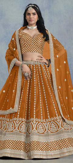 Orange color Lehenga in Art Silk fabric with Embroidered, Sequence, Thread, Zari work