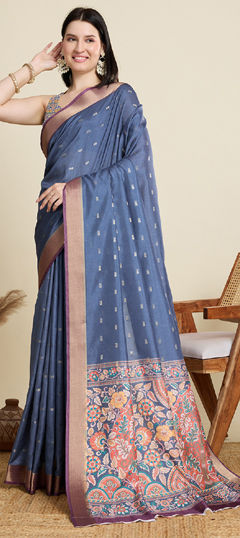 Blue color Saree in Cotton fabric with Printed, Weaving work