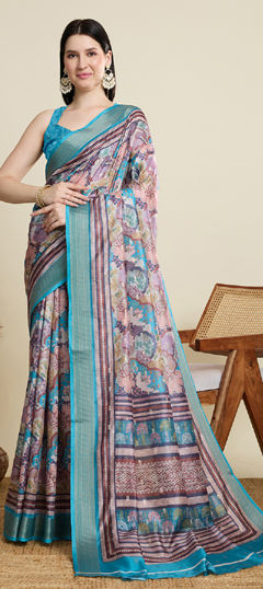 Blue color Saree in Cotton fabric with Printed, Weaving work