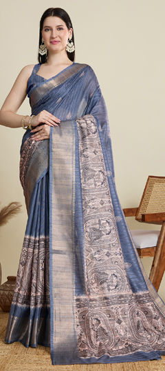 Black and Grey color Saree in Cotton fabric with Printed, Weaving work
