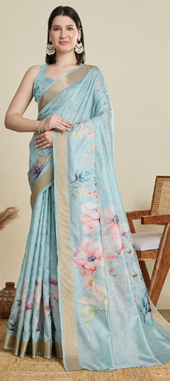 Green color Saree in Cotton fabric with Printed, Weaving work