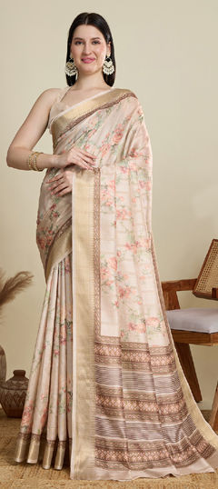 White and Off White color Saree in Cotton fabric with Printed, Weaving work