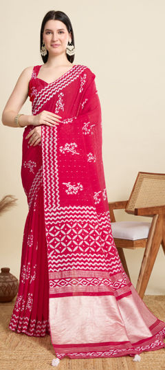 Pink and Majenta color Saree in Cotton fabric with Printed, Sequence, Weaving work