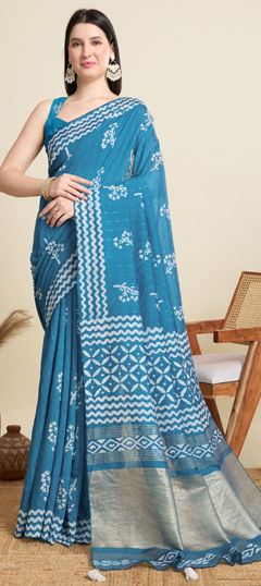 Blue color Saree in Cotton fabric with Printed, Sequence, Weaving work