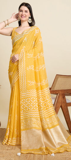 Yellow color Saree in Cotton fabric with Printed, Sequence, Weaving work