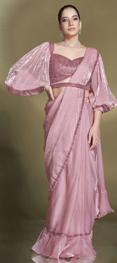 Pink and Majenta color Readymade Saree in Satin Silk fabric with Aari, Bugle Beads, Sequence work