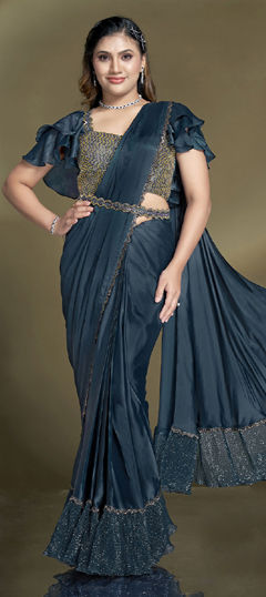 Blue color Readymade Saree in Satin Silk fabric with Aari, Bugle Beads, Sequence work