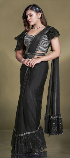 Black and Grey color Readymade Saree in Satin Silk fabric with Aari, Bugle Beads, Sequence work