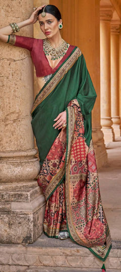 Green, Red and Maroon color Saree in Art Silk fabric with Printed work