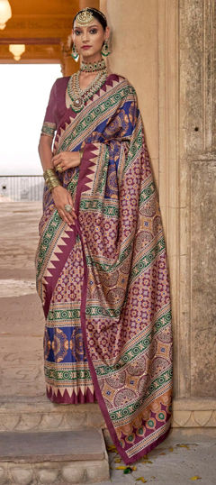 Blue, Red and Maroon color Saree in Art Silk fabric with Printed work