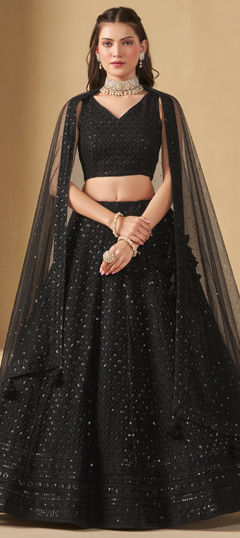 Black and Grey color Lehenga in Georgette fabric with Embroidered, Sequence, Thread work