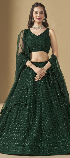 Green color Lehenga in Georgette fabric with Embroidered, Sequence, Thread work