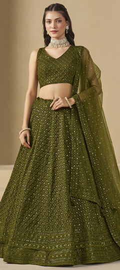 Green color Lehenga in Georgette fabric with Embroidered, Sequence, Thread work