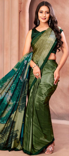 Green color Saree in Crepe Silk fabric with Floral, Printed work