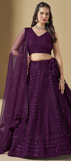 Red and Maroon color Lehenga in Georgette fabric with Embroidered, Sequence, Thread work