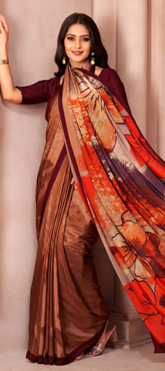 Beige and Brown color Saree in Crepe Silk fabric with Floral, Printed work