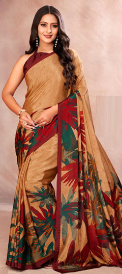 Beige and Brown color Saree in Crepe Silk fabric with Floral, Printed work