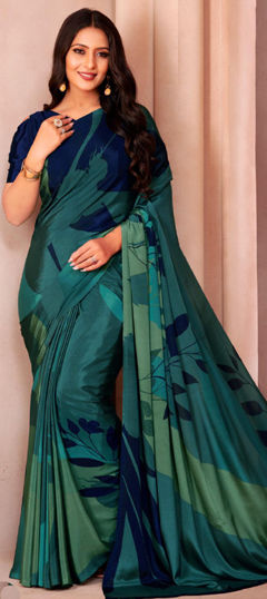 Blue, Green color Saree in Crepe Silk fabric with Printed work