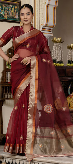 Red and Maroon color Saree in Linen fabric with Bugle Beads, Cut Dana, Moti, Sequence, Thread work