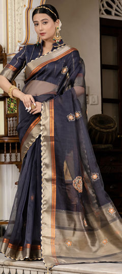 Blue color Saree in Linen fabric with Bugle Beads, Cut Dana, Moti, Sequence, Thread work