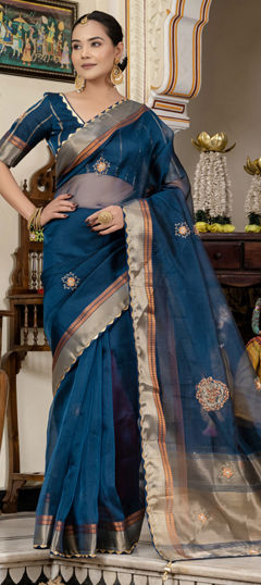 Blue color Saree in Linen fabric with Bugle Beads, Cut Dana, Moti, Sequence, Thread work