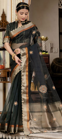 Black and Grey color Saree in Linen fabric with Bugle Beads, Cut Dana, Moti, Sequence, Thread work