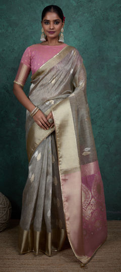 Black and Grey color Saree in Linen fabric with Lace, Sequence, Weaving work