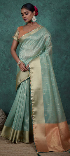 Green color Saree in Linen fabric with Lace, Sequence, Weaving work