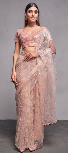 Pink and Majenta color Saree in Net fabric with Embroidered, Sequence, Thread work
