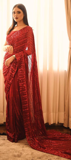 Red and Maroon color Saree in Georgette fabric with Embroidered, Sequence, Thread work