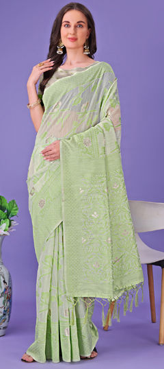 Green color Saree in Linen fabric with Sequence, Weaving work