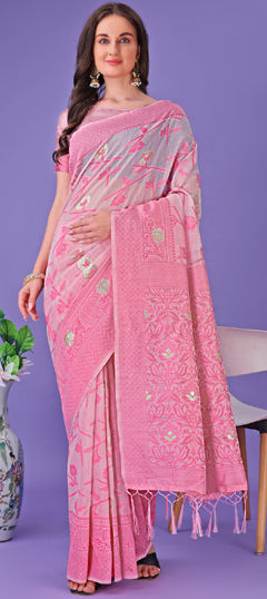 Pink and Majenta color Saree in Linen fabric with Sequence, Weaving work