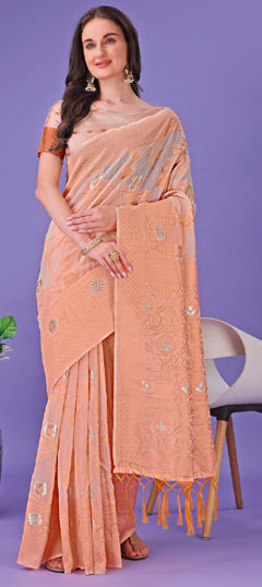 Pink and Majenta color Saree in Linen fabric with Sequence, Weaving work