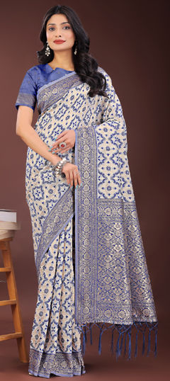 Beige and Brown color Saree in Linen fabric with Printed, Weaving work