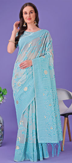 Blue color Saree in Linen fabric with Sequence, Weaving work