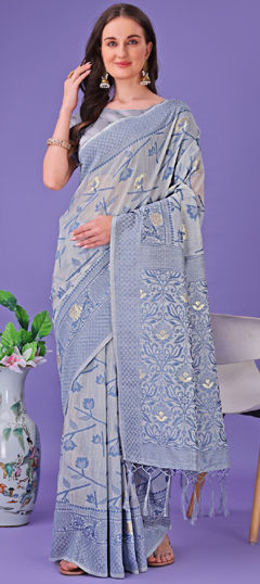 Black and Grey color Saree in Linen fabric with Sequence, Weaving work