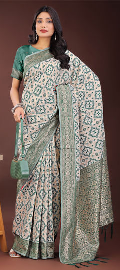 Beige and Brown, Green color Saree in Linen fabric with Printed, Weaving work