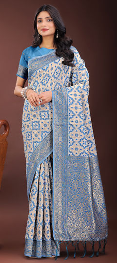 Beige and Brown, Blue color Saree in Linen fabric with Printed, Weaving work