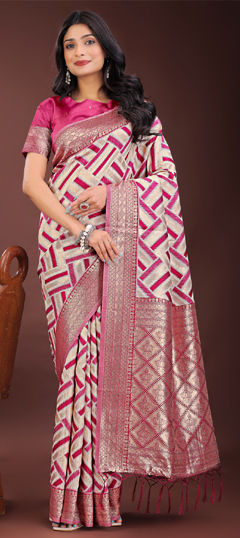 Beige and Brown, Pink and Majenta color Saree in Linen fabric with Weaving work