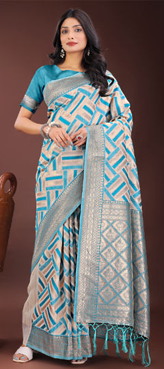 Blue color Saree in Linen fabric with Weaving work